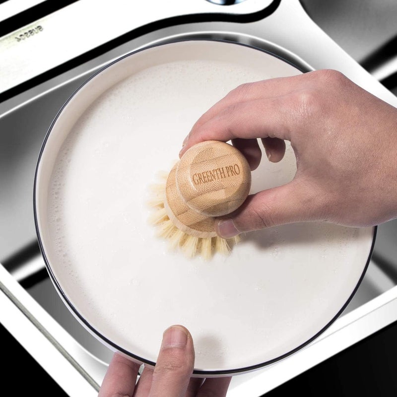 GREENTH PRO Palm Pot Dish Brush- Nature Bamboo 2 Packs Mini Durable Scrub for Kitchen Cleaning with Ceramics Holder - Image 5